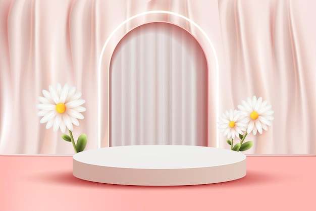 Vector fondo de escena abstracta 3d podio blanco con fondo de cortina rosa flor