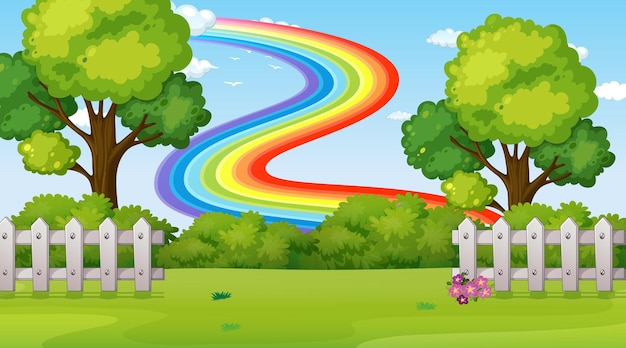 Fondo de escena de parque natural con arco iris en el cielo