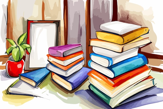 Vector fondo escolar acuarela pilas de libros antiguos y útiles escolares ilustración del concepto escolar
