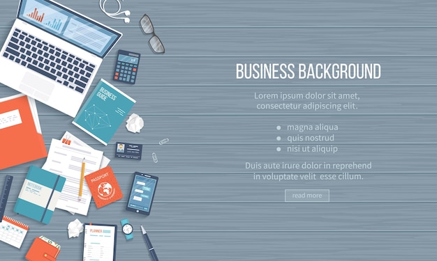 Fondo de escritorio del lugar de trabajo del negocio Vista superior de la libreta de documentos de la carpeta de la computadora portátil de la tabla