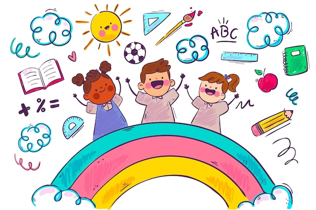 Vector fondo de escuela arcoiris y niños