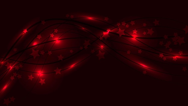 Fondo espacial abstracto con líneas onduladas rojas y destellos de luz y asteriscos Estrellas y rayas rojas