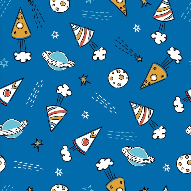 Fondo espacial para niños con cohetes, planetas, estrellas. Impresión linda para ropa, papel tapiz, decoración. Fondo de vector.