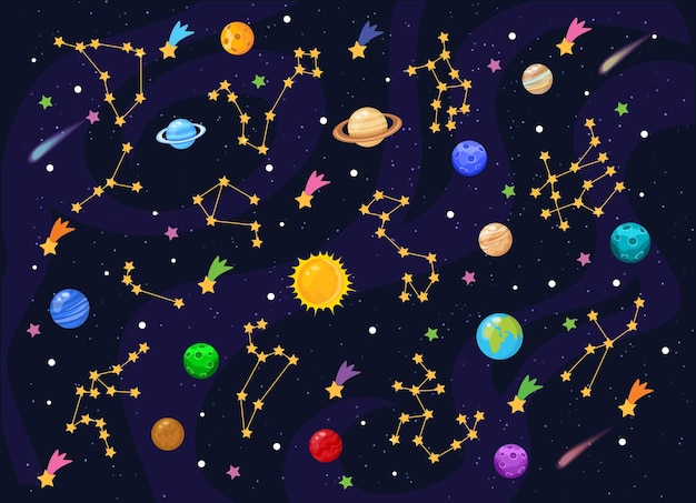 Fondo de espacio con estrellas y planetas