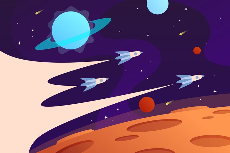 Fondo del espacio horizontal con naves espaciales voladoras y planetas Rocket Race Web Space explorando