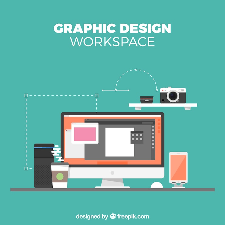 Vector fondo de espacio de trabajo de diseño gráfico en estilo plano