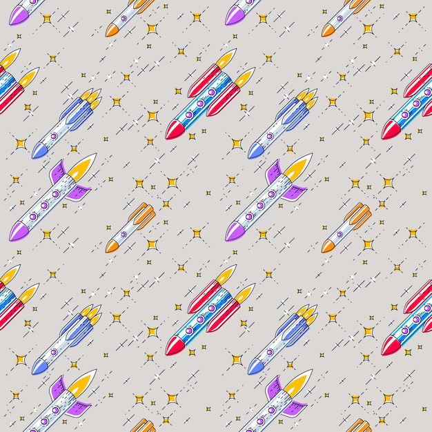 Fondo de espacio transparente con cohetes y estrellas, cosmos fantástico e impresionante tejido textil para niños, patrón de mosaico sin fin, motivo de dibujos animados de ilustración vectorial.