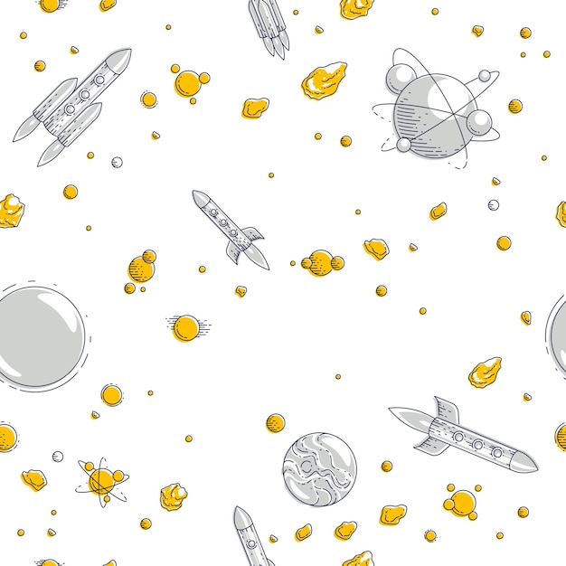 Vector fondo de espacio transparente con cohetes y planetas, cosmos profundo sin descubrir fantástico e impresionante tejido textil para niños, patrón de mosaico sin fin, motivo de dibujos animados de ilustración vectorial.