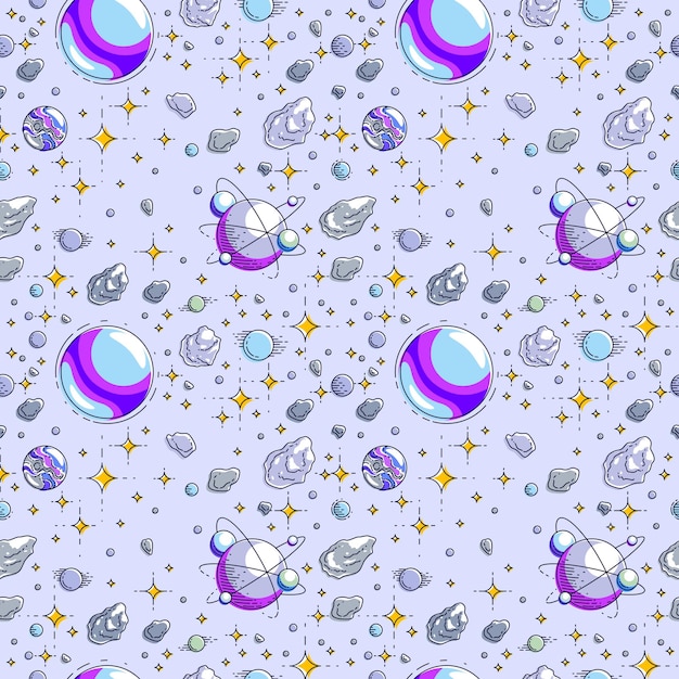 Fondo de espacio transparente con planetas, estrellas, asteroides y meteoros, cosmos profundo sin descubrir fantástico e impresionante tejido textil para niños, patrón de mosaico sin fin, ilustración vectorial.