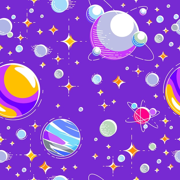 Fondo de espacio transparente con planetas, estrellas, asteroides y meteoros, cosmos profundo sin descubrir fantástico e impresionante tejido textil para niños, patrón de mosaico sin fin, ilustración vectorial.