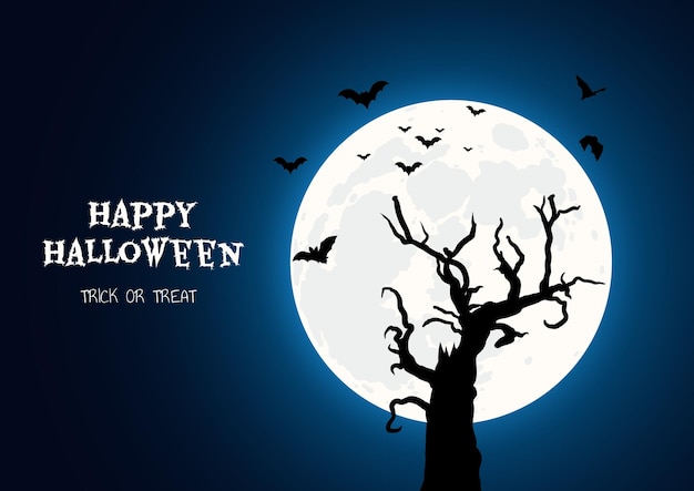 Fondo espeluznante para halloween con árbol aterrador, murciélagos voladores y luna llena