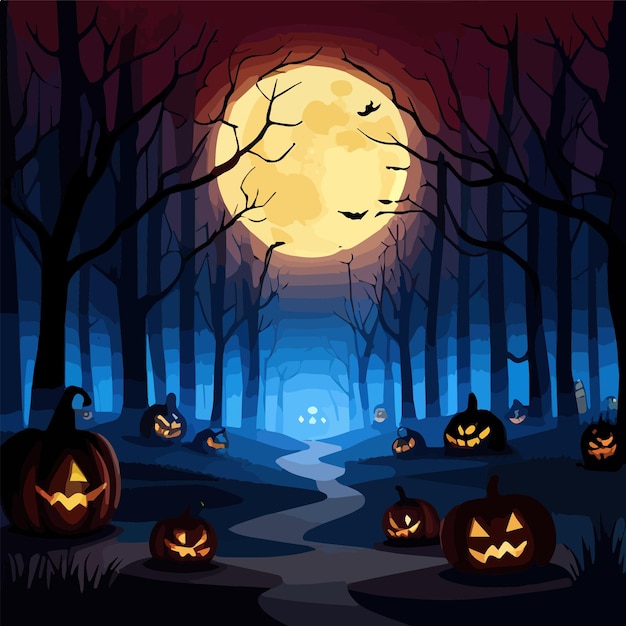 Fondo espeluznante de Halloween escena de calabazas aterradoras bosque espeluznante y espeluznante en octubre noche oscura otoño