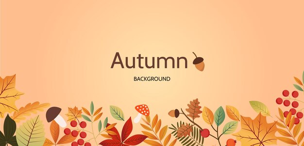 El fondo está decorado con un tema de otoño hojas de otoño bayas setas y bellotas