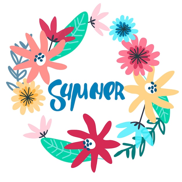 Fondo estacional de verano Corona floral con letras a mano dentro Texto escrito a mano decorado con flores de campo