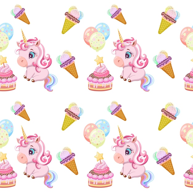 Fondo estampado sin costuras dibujos animados lindos unicornios rosados helados y globos