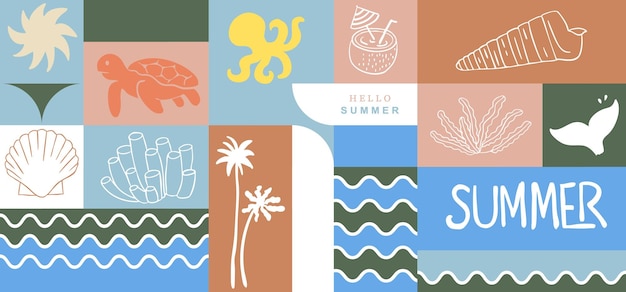 Fondo de estandarte geométrico de verano con gráfico de cola de pez tortuga para diseño horizontal