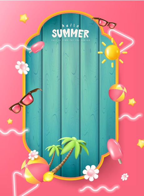 Vector fondo de estandarte de verano colorido con accesorios de playa en estandarte de vacaciones de verano de tabla azul