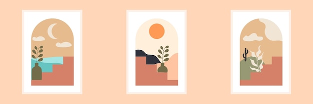 Vector fondo estético contemporáneo abstracto con jarrones de paisaje desértico tonos de la tierra del sol oran quemado