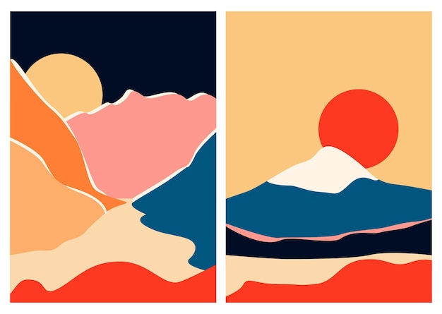 Fondo estético moderno abstracto con paisaje Impresión de arte minimalista moderno de mediados de siglo Cubierta de póster boho Estilo japonés Montaña colina lago sol Forma orgánica