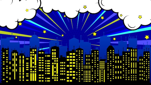 Fondo de estilo cómic gran ciudad horizonte nube y estrella