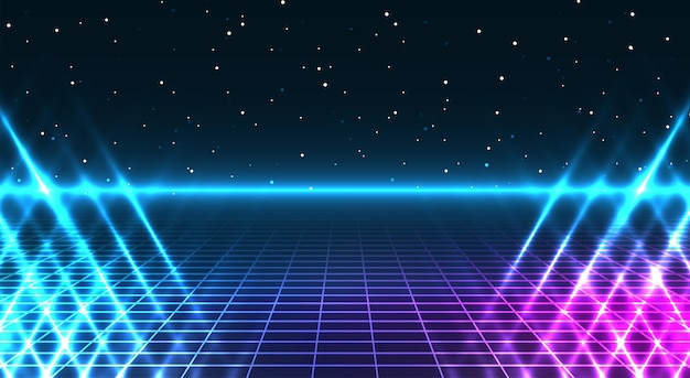 Fondo de estilo cyberpunk retro Fondo de ciencia ficción Paisajes de cuadrícula de luz de neón de los años 80 y 90