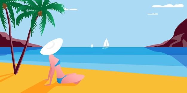 Fondo de estilo de dibujos animados de vector de la orilla del mar. buen dia soleado. niña descansando en la playa bajo palmeras.