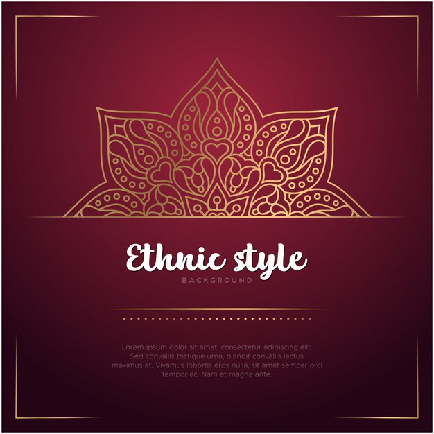 Fondo de estilo étnico con plantilla de mandala y texto, color rojo y dorado