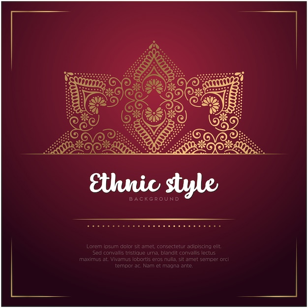 Fondo de estilo étnico con plantilla de mandala y texto, color rojo y dorado