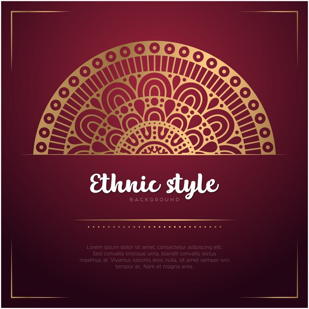 Fondo de estilo étnico con plantilla de mandala y texto, color rojo y dorado