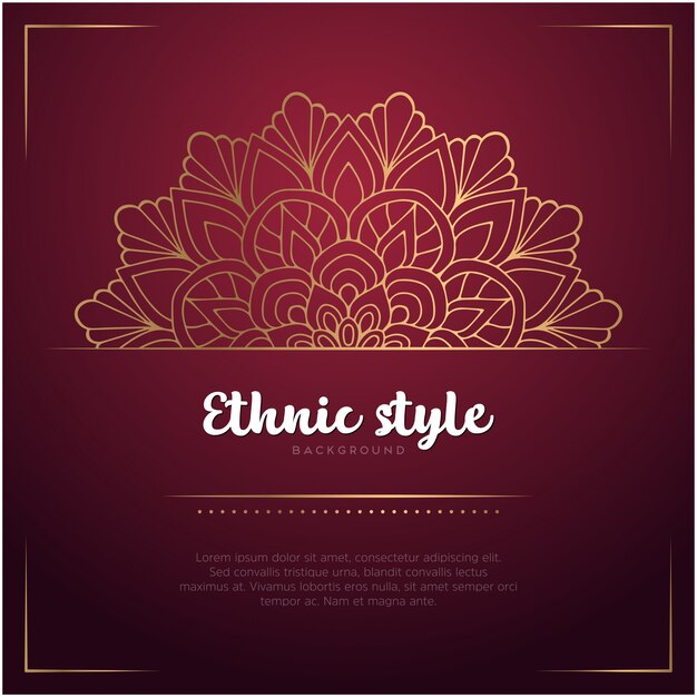 Fondo de estilo étnico con plantilla de mandala y texto, color rojo y dorado
