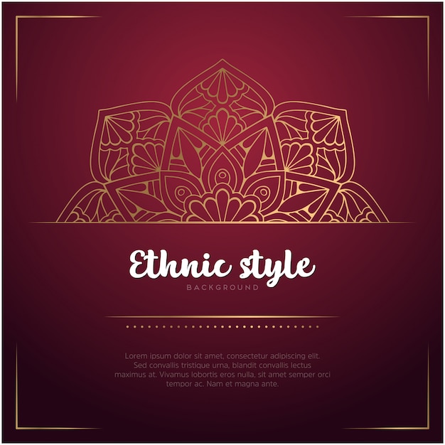 Fondo de estilo étnico con plantilla de mandala y texto, color rojo y dorado