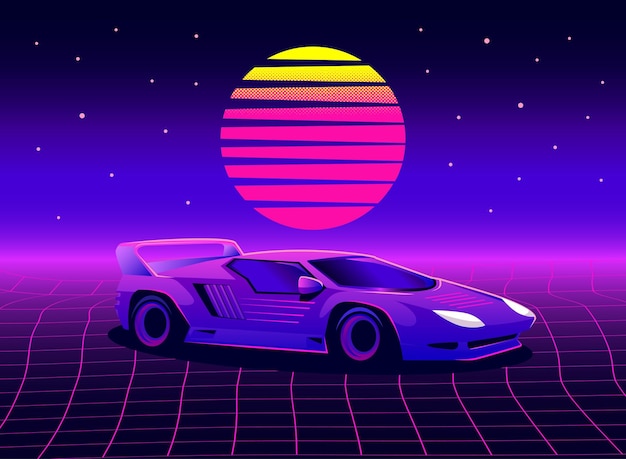 Fondo de estilo futurista de ciencia ficción retro de los años 80 con superdeportivo. Onda de sintetizador futurista retro vector