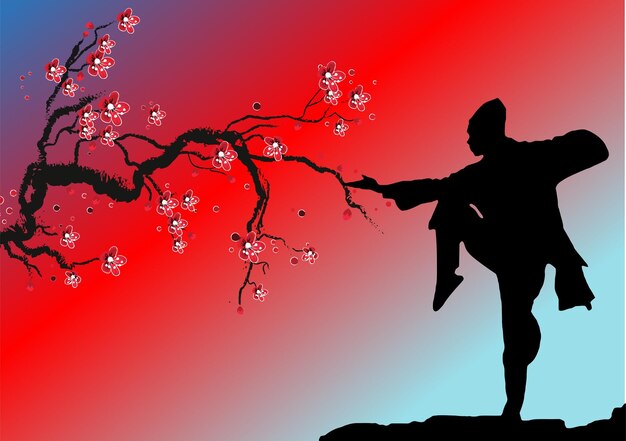 Fondo de estilo japonés con imagen de karate Ilustración de vector 3D a mano en color