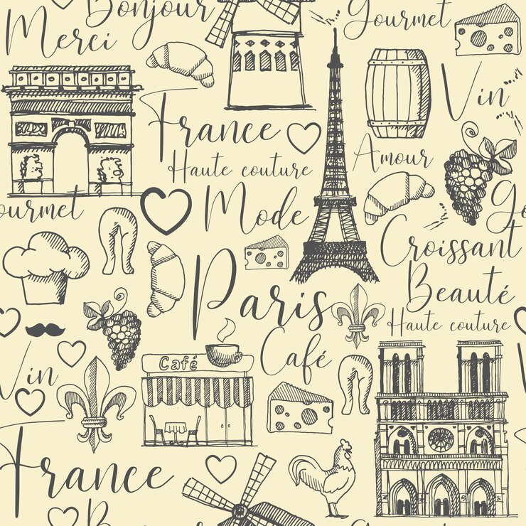 Vector fondo de estilo retro sin inconvenientes con símbolos de parís y francia y palabras en francés