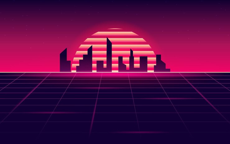 Vector fondo de estilo retro onda ciudad delineada en el futuro bajo un sol de neón fondo cyberpunk