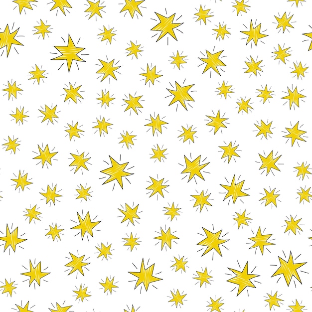 Fondo estrella de patrones sin fisuras con color negro y amarillo en garabatos estilo dibujado a mano