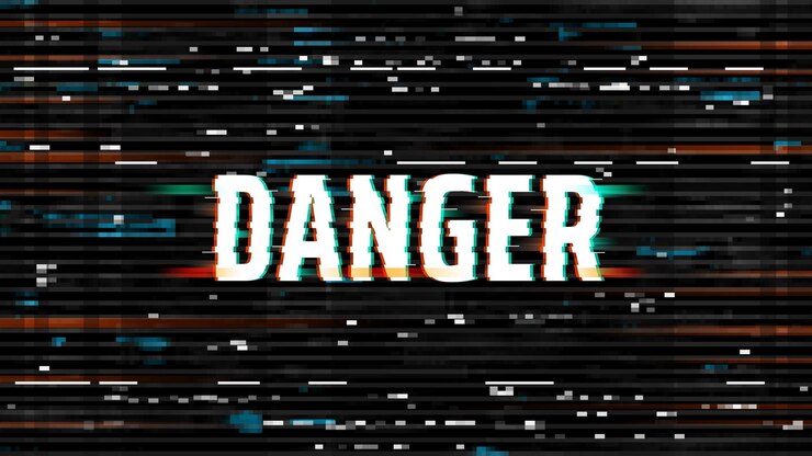 Vector fondo de falla de peligro, piratería o pantalla de virus, ruido pixelado distorsionado por vector sobre fondo negro. distorsión desordenada en el escritorio de la computadora o efecto de falla de cinta vhs, atención de conciencia de ataque de piratas informáticos