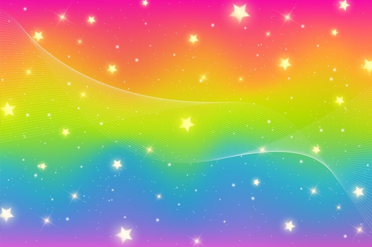 Vector fondo de fantasía de arco iris cielo multicolor brillante con destellos de estrellas y onda holográfica bokeh