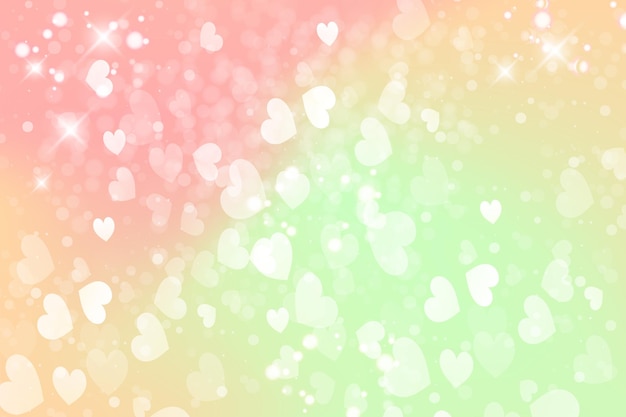 Vector fondo de fantasía de arco iris con corazones y estrellas cielo pastel de unicornio holográfico