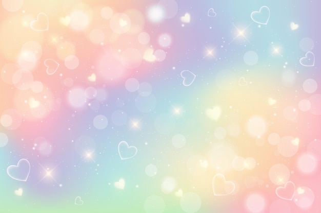 Fondo de fantasía de arco iris Ilustración holográfica en colores pastel Cielo con bokeh y corazones
