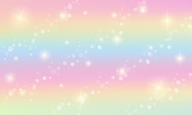Fondo de fantasía de arco iris. ilustración holográfica en colores pastel. cielo con estrellas y bokeh.