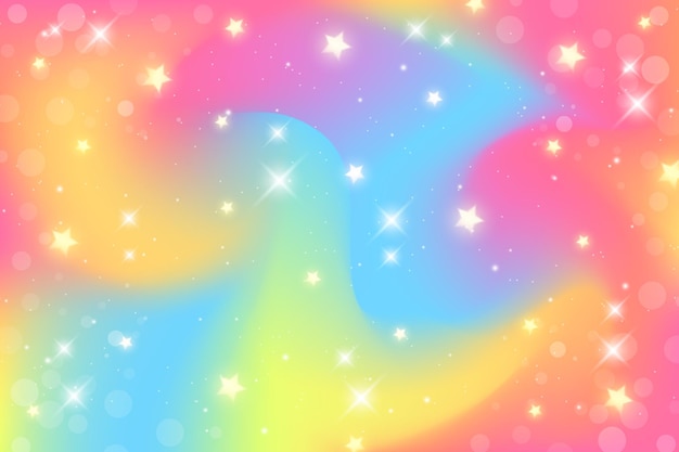 Vector fondo de fantasía de arco iris ilustración holográfica en colores pastel cielo con estrellas y bokeh