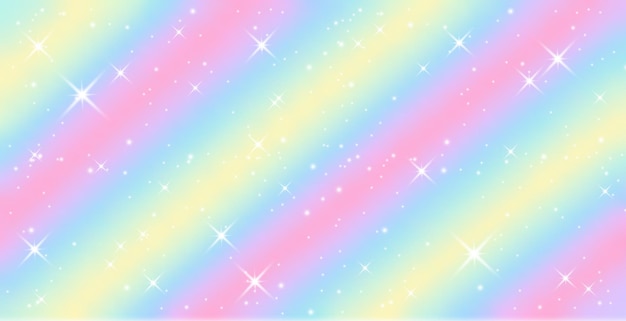 Fondo de fantasía de arco iris ilustración holográfica en colores pastel cielo con estrellas