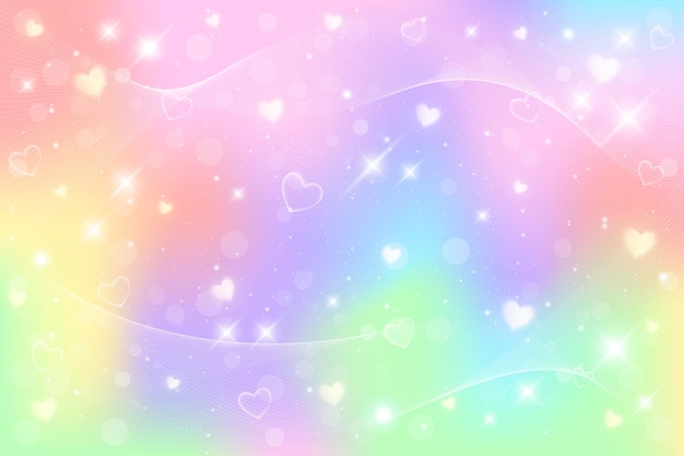 Fondo de fantasía de arco iris ilustración holográfica en colores pastel cielo multicolor con corazones