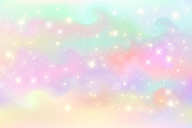 Vector fondo de fantasía de arco iris ilustración holográfica en colores pastel estrellas de cielo multicolores brillantes