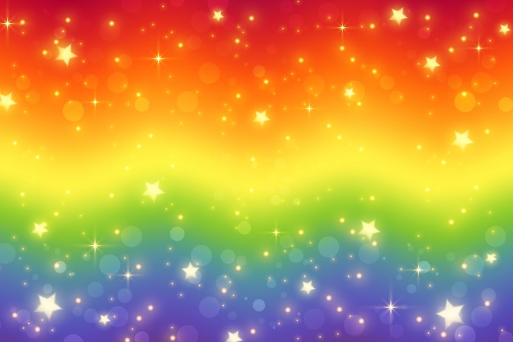 Vector fondo de fantasía de arco iris ilustración ondulada holográfica cielo multicolor brillante con estrellas bokeh
