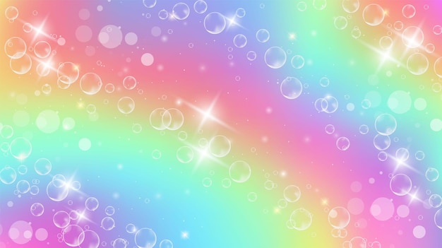 Fondo de fantasía de arco iris. patrón femenino holográfico. cielo multicolor brillante con estrellas y bokeh