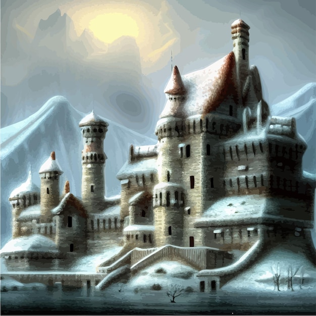 Fondo de fantasía con misterioso castillo medieval en colinas nevadas ilustración vectorial