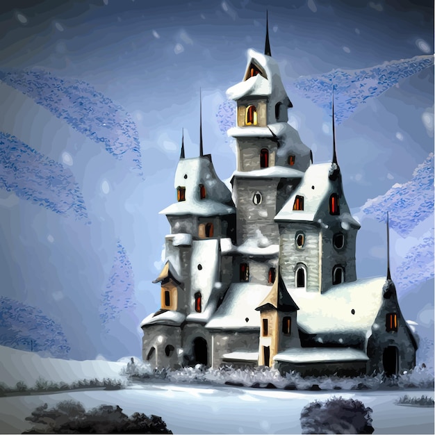 Fondo de fantasía con misterioso castillo medieval en colinas nevadas ilustración vectorial