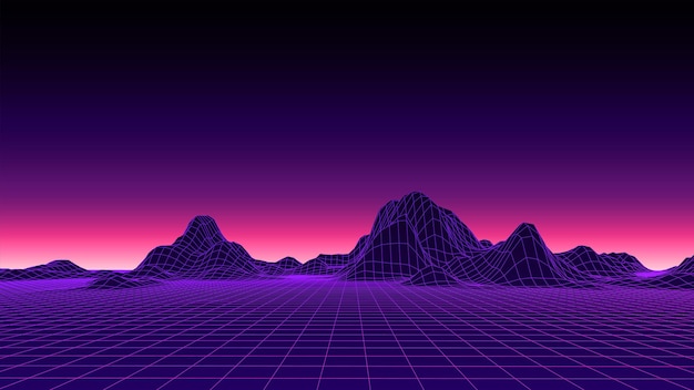Fondo fantástico retro de los años 80 Paisaje de estructura de wireframe de montaña vectorial con cielo nocturno Paisaje futurista de neón